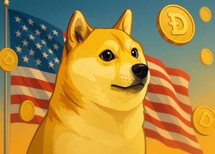 Shiba Inu do Dogecoin olhando à frente com moedas digitais ao redor e a bandeira americana ao fundo, representando a ligação do meme com a política dos EUA.