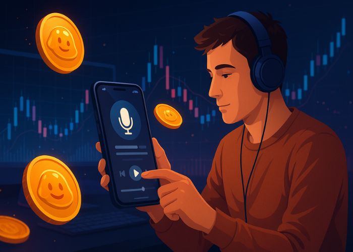 Usuário com fones interagindo com aplicativo de podcasts, cercado por moedas digitais sorridentes, representando a JellyJelly meme coin.