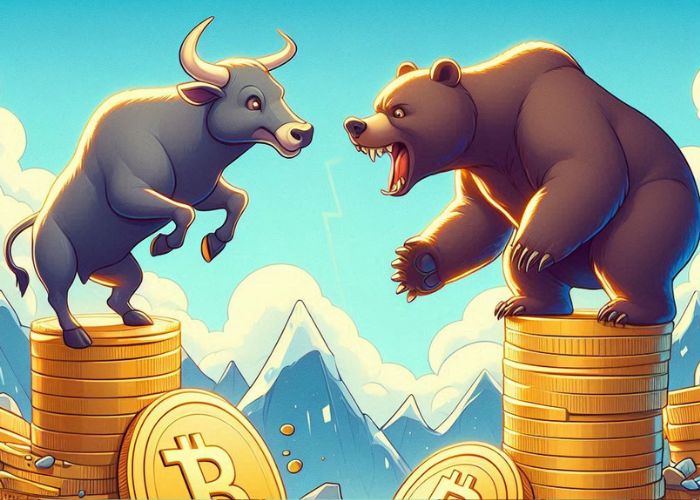 Ilustração conceitual de um touro e um urso simbolizando os ciclos do mercado de criptomoedas.