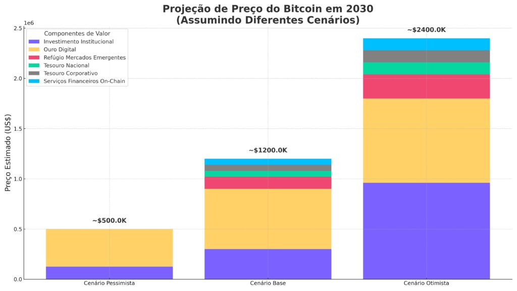 Gráfico colorido de barras empilhadas representando o preço estimado do Bitcoin em 2030 nos cenários pessimista (500 mil dólares), base (1,2 milhão de dólares) e otimista (2,4 milhões de dólares). Cada barra é segmentada em seis categorias de contribuição: investimento institucional, ouro digital, refúgio de mercados emergentes, tesouro nacional, tesouro corporativo e serviços financeiros on-chain.