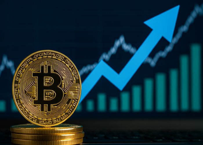 Imagem de uma moeda de Bitcoin dourada em primeiro plano, com um gráfico financeiro de barras e uma seta azul ascendente ao fundo, simbolizando a expectativa de crescimento no valor da criptomoeda.