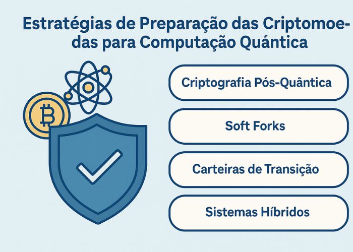 Infográfico em português ilustrando as soluções de criptografia pós-quântica para criptomoedas, com destaque para XMSS, SPHINCS+, CRYSTALS-Kyber, CRYSTALS-Dilithium e a liderança do NIST.