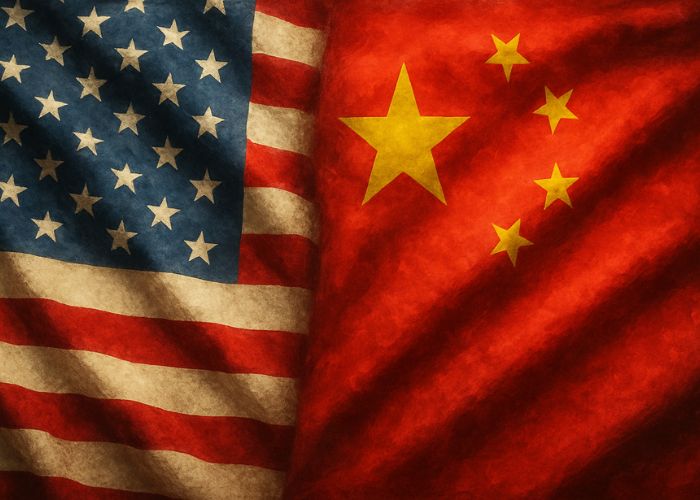Bandeiras dos Estados Unidos e da China lado a lado, representando o impacto das negociações bilaterais nos mercados financeiros globais.