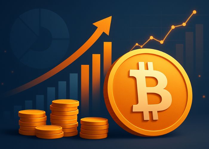 Representação gráfica do crescimento dos ETFs de Bitcoin com gráficos de barras e moedas douradas em destaque sobre fundo escuro.