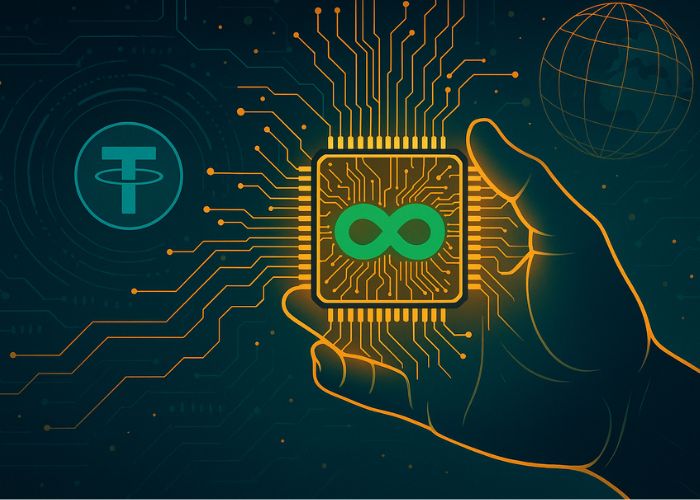 Ilustração de agentes de IA em ambiente digital futurista, simbolizando a descentralização da inteligência artificial proposta pelo QVAC da Tether.