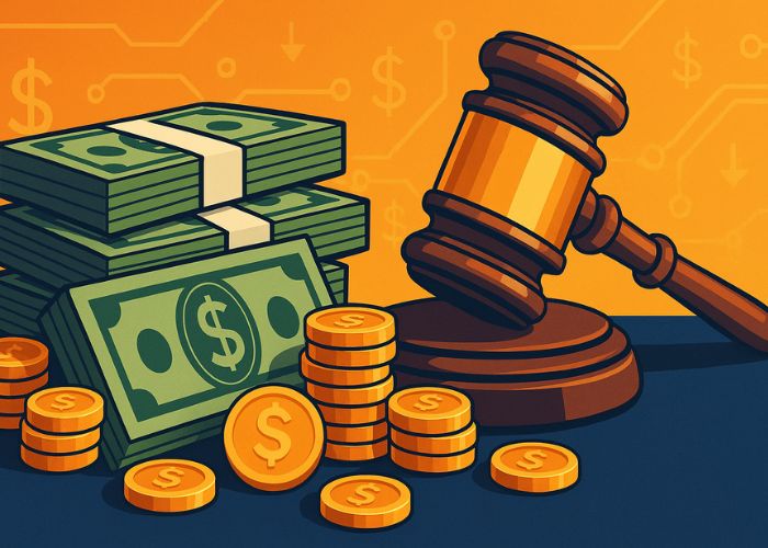 Martelo de juiz com pilhas de dinheiro e moedas, representando pagamentos da recuperação judicial da FTX.