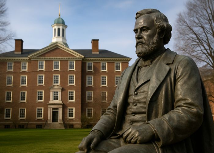 Estátua de bronze em frente ao prédio principal da Brown University, com céu limpo e árvores ao fundo.