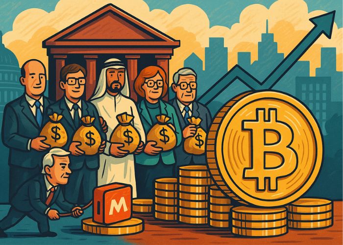 Autoridades governamentais segurando sacos de dinheiro ao lado de uma grande moeda de Bitcoin e um bloco com o logotipo da MicroStrategy.