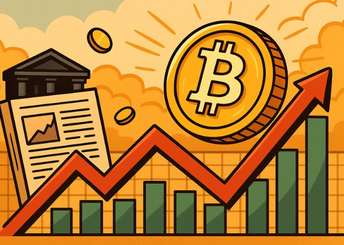Ilustração cartunista de um Bitcoin dourado subindo acima de um gráfico em alta, com moedas e jornal ao fundo, representando o novo recorde da criptomoeda.