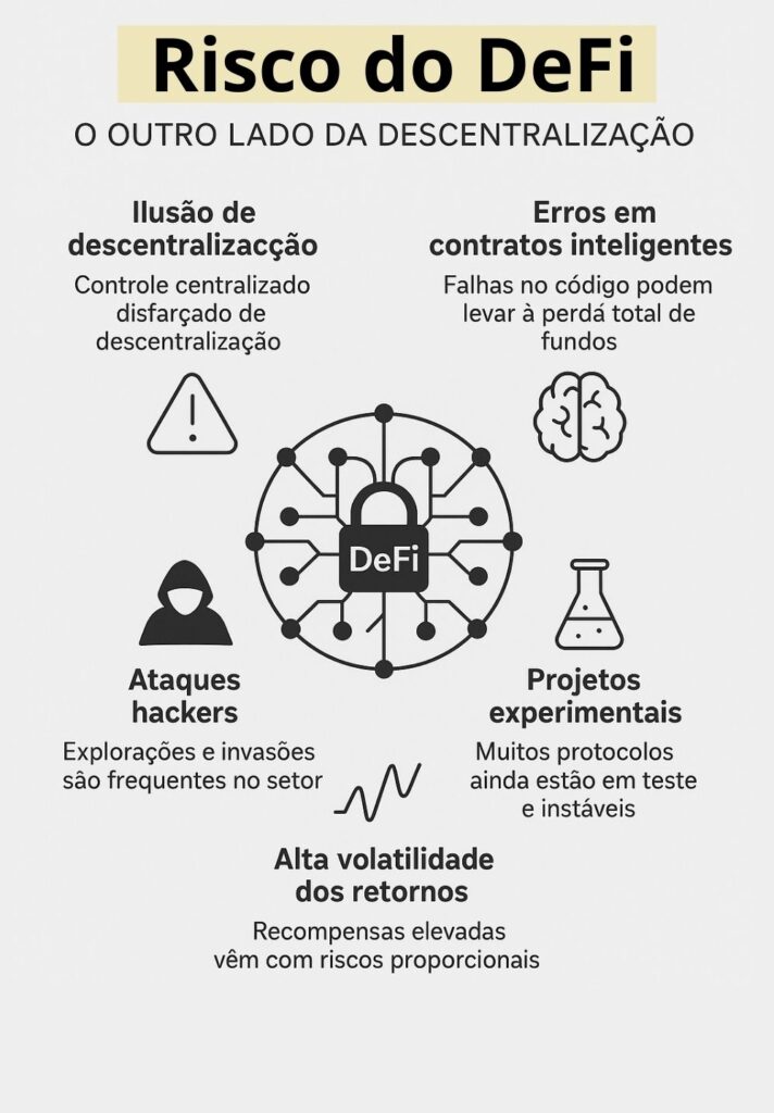 Infográfico sobre riscos do DeFi. Mostra cinco principais riscos: ilusão de descentralização (controle centralizado disfarçado), erros em contratos inteligentes (falhas no código), ataques hackers (explorações frequentes), projetos experimentais (instabilidade e testes) e alta volatilidade dos retornos (riscos proporcionais às recompensas).