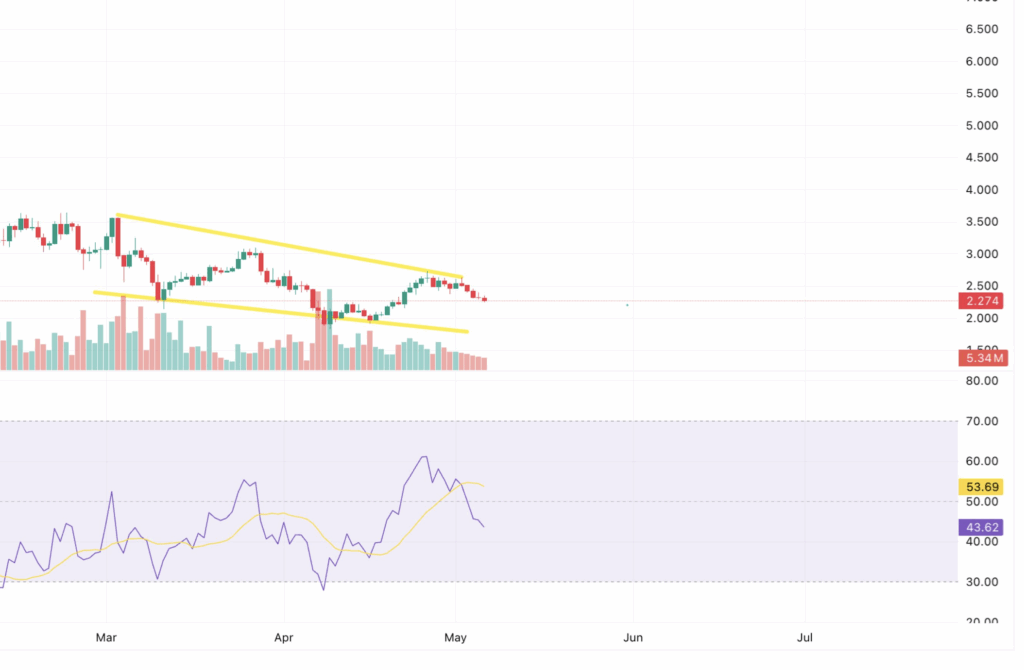 Gráfico diário da Near Protocol com canal de baixa, volume em queda e indicador RSI sinalizando enfraquecimento do movimento de alta.