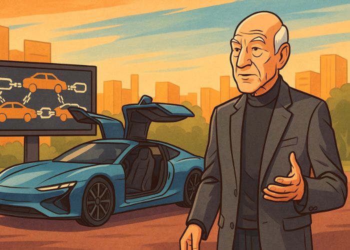 Marketplace de carros on-chain une DeLorean e Patrick Stewart