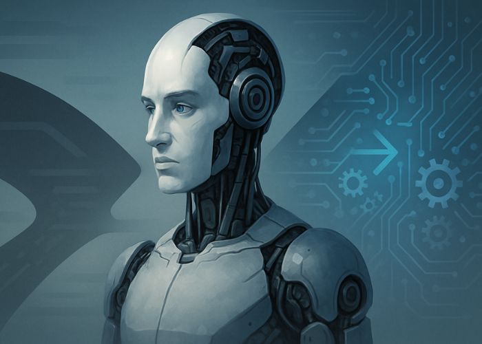 Robô azul estilizado parado diante de uma placa com setas apontando para “Bem” e “Mal”, representando as escolhas morais da IA em um cenário de livre-arbítrio.