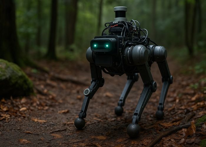 Robô quadrúpede com sensores avançados caminha por trilha florestal usando sistema WildFusion para navegação autônoma