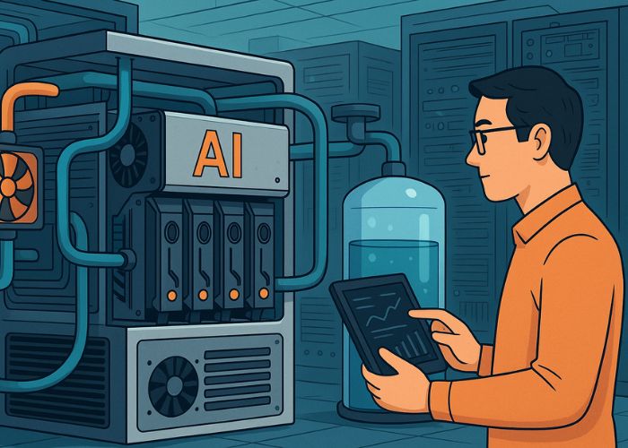 Técnico analisando sistema de resfriamento líquido em servidor de IA com tubos e reservatório em data center.