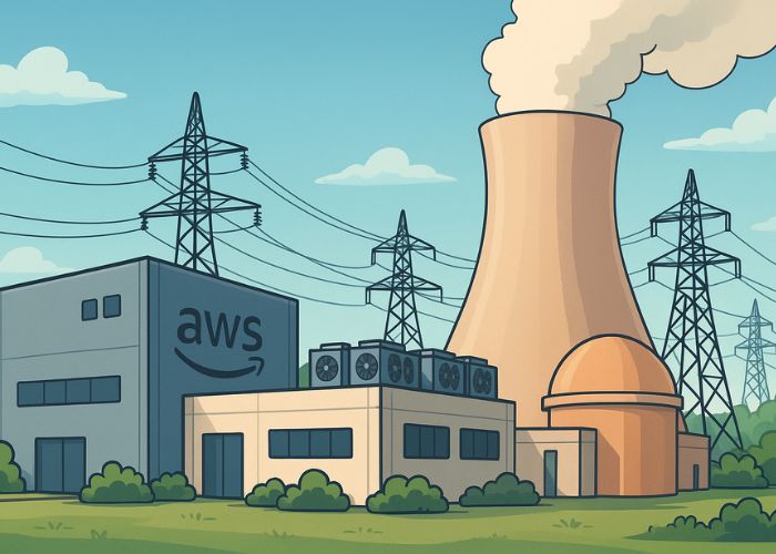Data center da AWS ao lado de uma usina nuclear, com torres de energia ao fundo e vapor saindo de uma torre de resfriamento, representando o uso de energia nuclear para sustentar sistemas de IA.