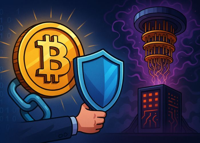 Bitcoin enfrentando computador quântico em cena cartunista