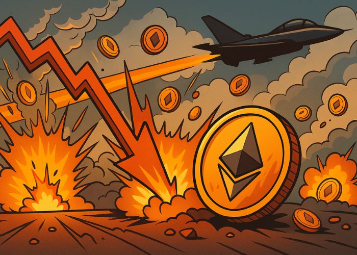 Ilustração cartunista de liquidações cripto disparando após ataques dos EUA, com Ethereum em queda, explosões e jato militar ao fundo.