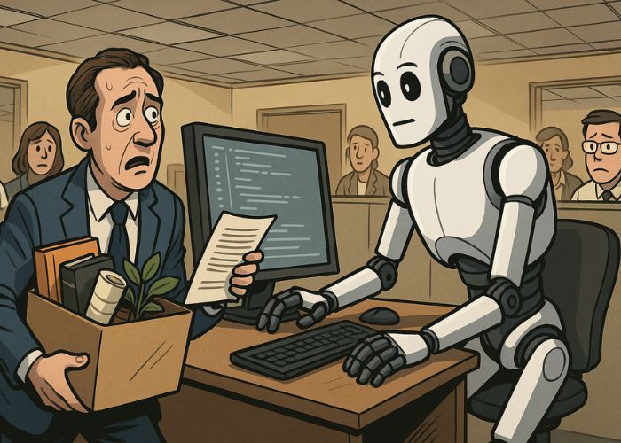 Ilustração em estilo cartoon mostrando robôs ocupando estações de trabalho enquanto humanos saem do escritório com expressões de preocupação.