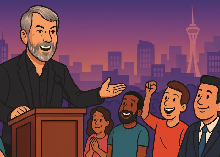 Michael Saylor em estilo cartoon falando em um púlpito, com um grande símbolo do Bitcoin atrás dele e uma plateia diversa aplaudindo, tendo a cidade de Las Vegas como cenário.