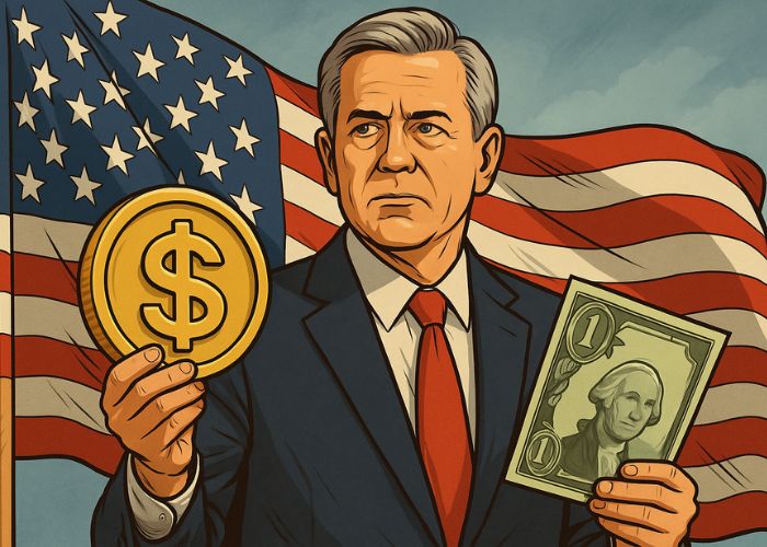 Secretário americano segurando uma stablecoin dourada e uma nota de dólar diante da bandeira dos EUA.