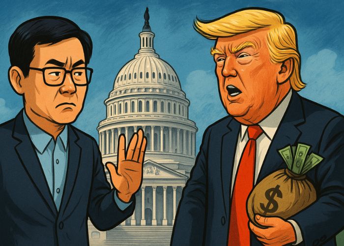 Ilustração de Donald Trump com saco de dinheiro sendo confrontado por executivo asiático em frente ao Capitólio, simbolizando negação do TikTok sobre compra de Trump Coin.