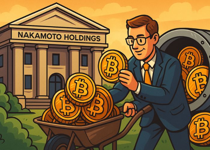 Homem deposita Bitcoins em carrinho diante da Nakamoto Holdings, representando a estratégia de tesouraria de Bitcoin.