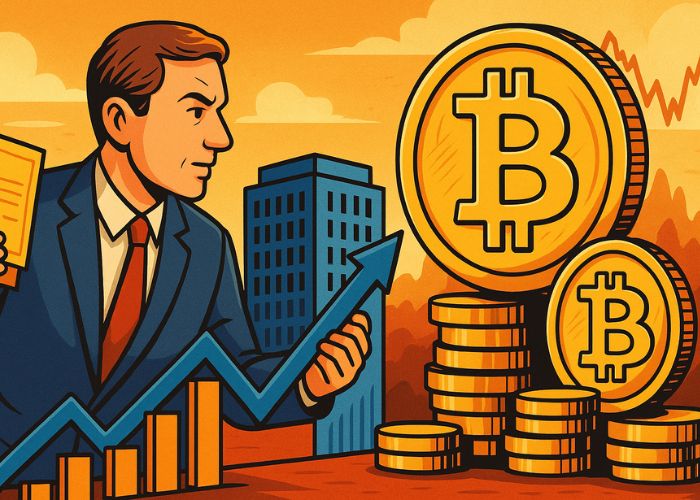 Desenho cartunista de um executivo lançando ações preferenciais enquanto observa moedas de Bitcoin, representando a estratégia da empresa Strategy.