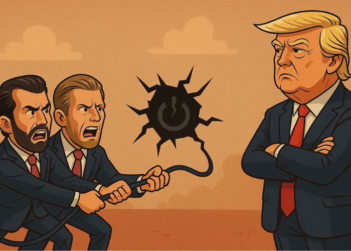 Donald Trump observa seus filhos brigando por um cabo quebrado, representando disputa familiar sobre projeto cripto.