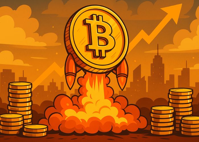 Ilustração digital cartunista de um Bitcoin dourado subindo entre gráficos, representando projeções otimistas para 2025.